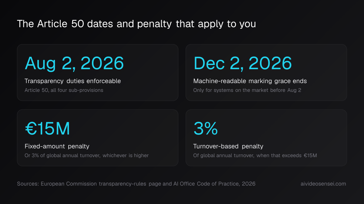 Four stat cards reading August 2 2026, December 2 2026, 15 million euros and 3 percent, each labelled with the Article 50 deadline or penalty it marks.