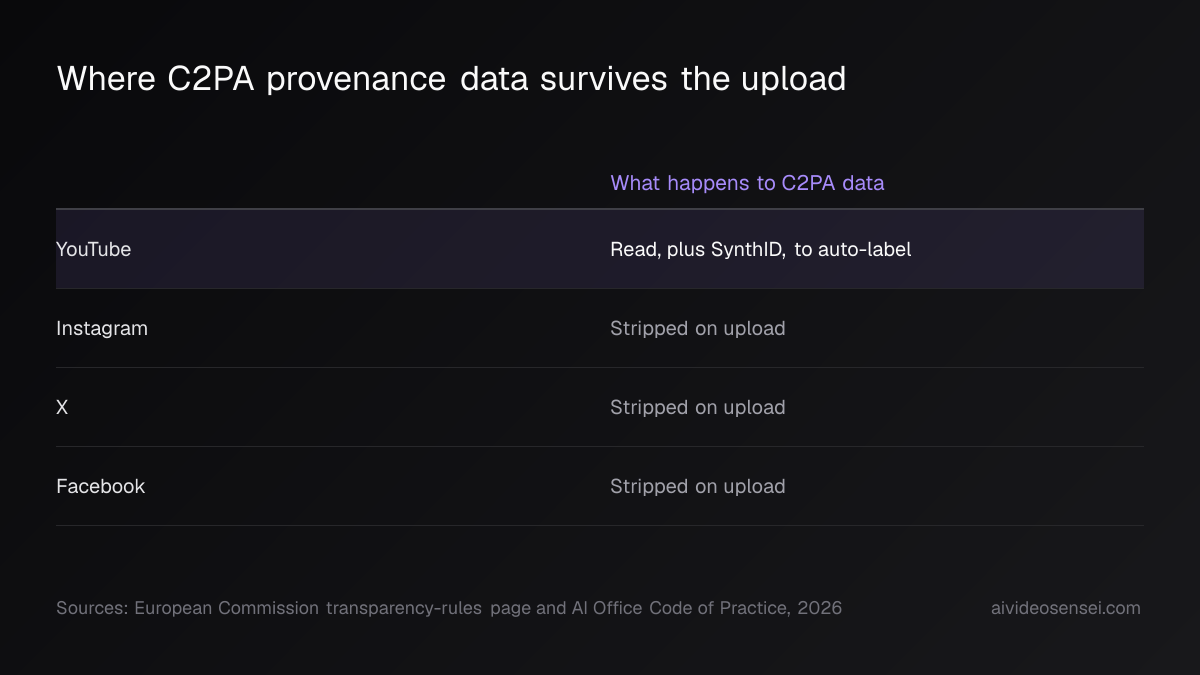Table of four platforms with one column showing what each does with C2PA provenance data on upload; the YouTube row is highlighted.