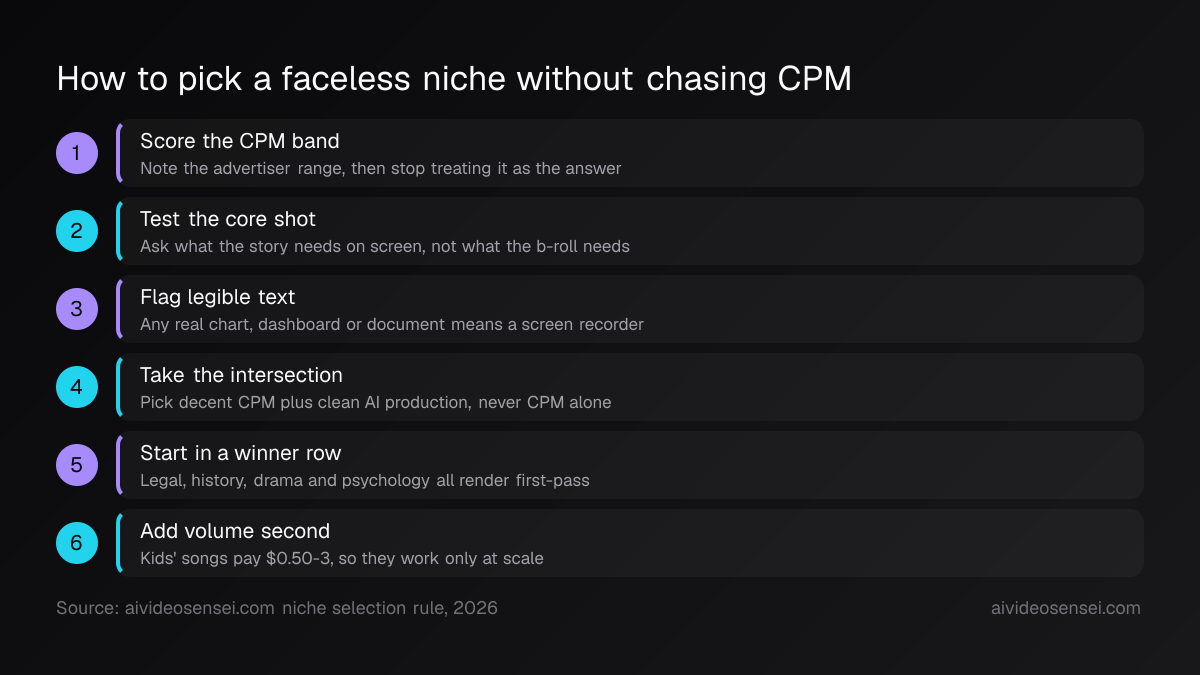 Six numbered steps: score the CPM band, test the core shot, flag legible text, take the intersection, start in a winner row, add volume second