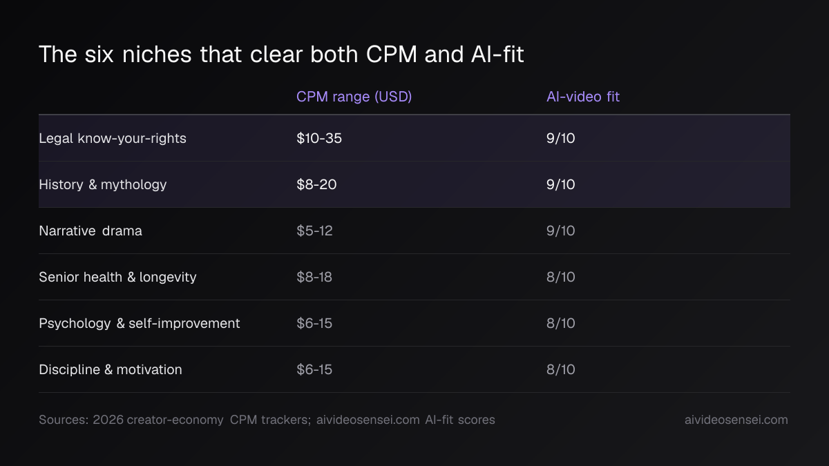Table of six niches with CPM range and AI-fit score: legal $10-35 at 9/10, history $8-20 at 9/10, narrative drama $5-12 at 9/10, three more at 8/10