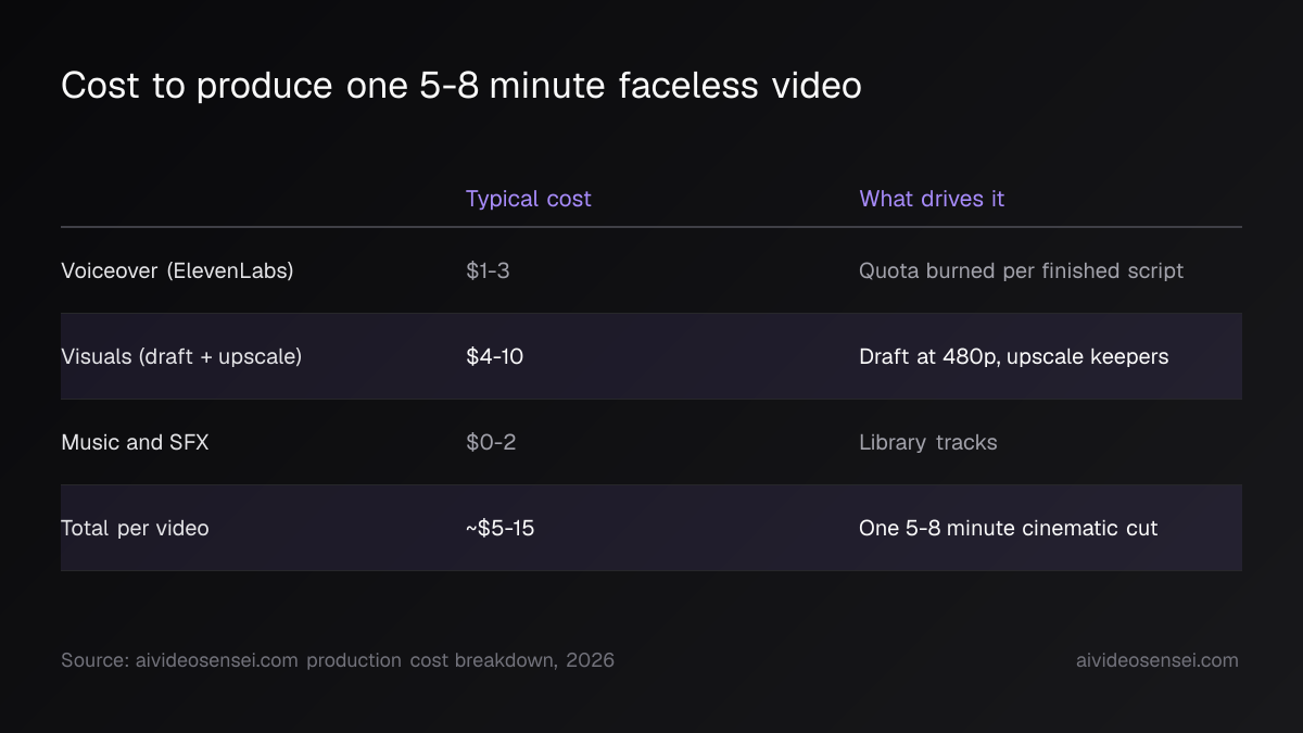 Cost table for one video: voiceover $1-3, visuals $4-10, music and SFX $0-2, totalling roughly $5-15 per 5-8 minute cut