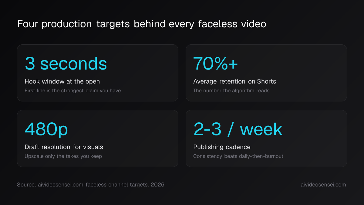 Four number cards reading 3 seconds hook window, 70%+ average retention on Shorts, 480p draft resolution and 2-3 uploads per week