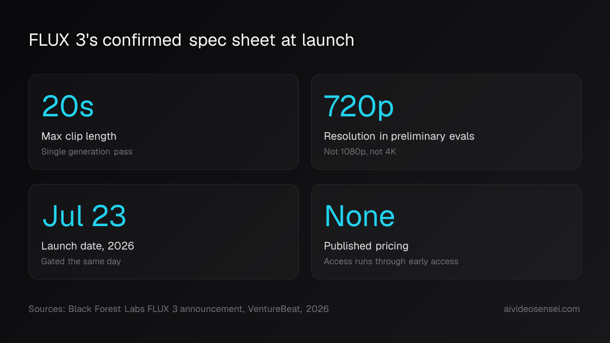 Four large number cards reading 20s max clip length, 720p resolution, Jul 23 launch date and None for published pricing.
