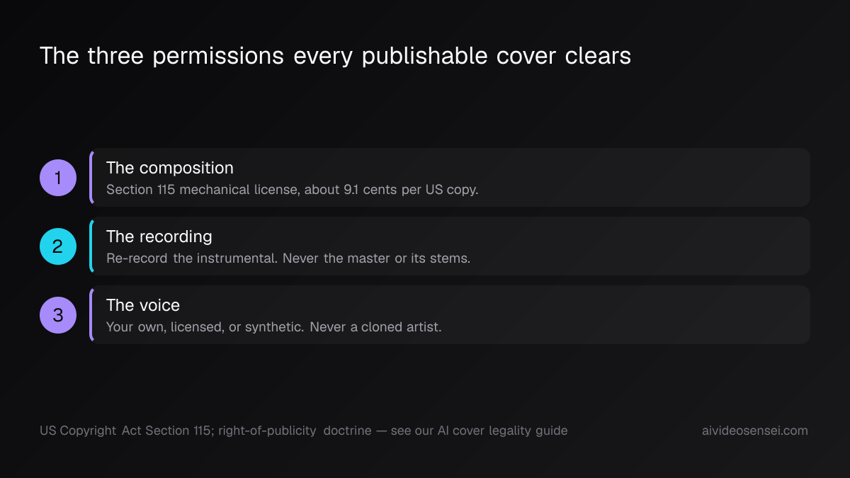 Three-step chart of cover permissions: mechanical license for the composition, re-recorded instrumental for the master, licensed or synthetic voice.