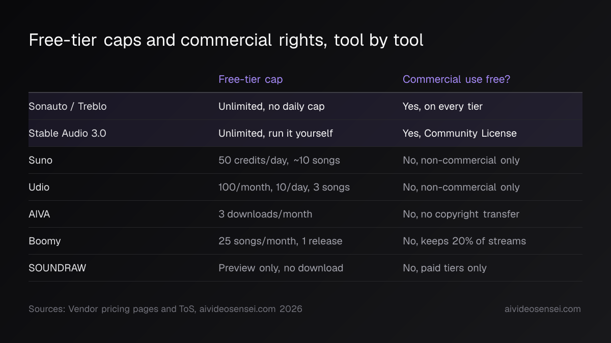 Table of seven tools with free-tier caps beside a commercial-use column; only Sonauto/Treblo and Stable Audio 3.0 read Yes, the other five read No.