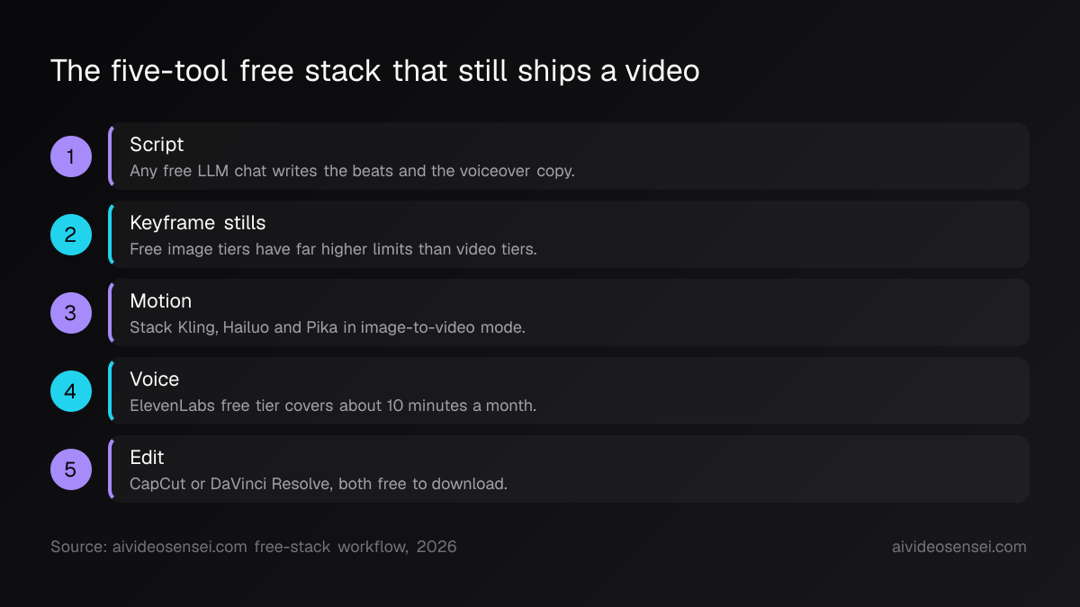 Five numbered steps in order: script, keyframe stills, motion, voice, edit, each naming the free tool used at that stage