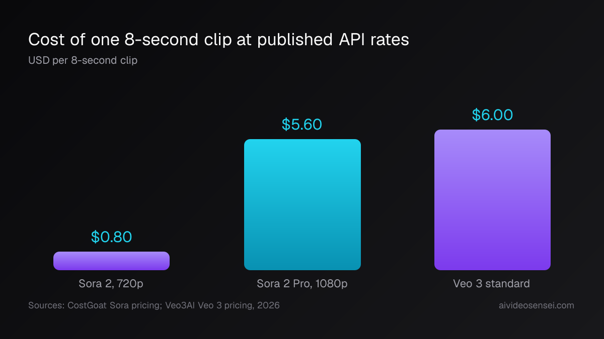 Three vertical bars showing the cost of one 8-second clip: Sora 2 at 720p is $0.80, Sora 2 Pro at 1080p is $5.60, and Veo 3 standard is $6.00.