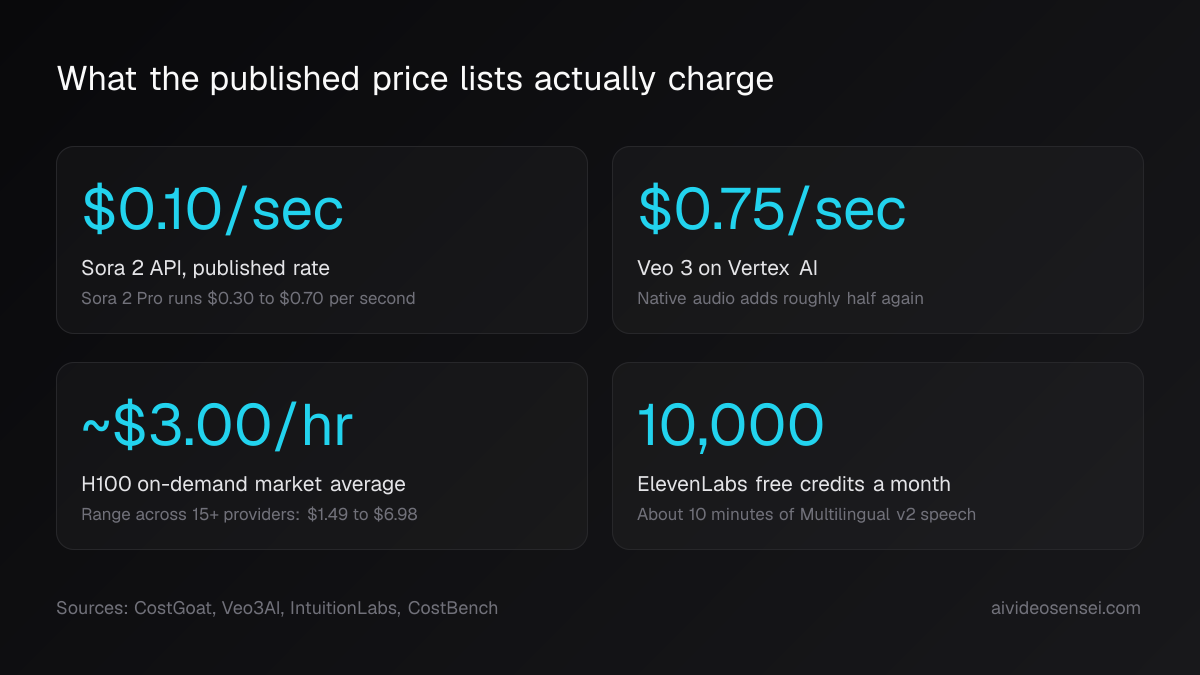Four number cards: $0.10 per second for Sora 2, $0.75 per second for Veo 3, about $3.00 per hour for an H100, and 10,000 free ElevenLabs credits a month.