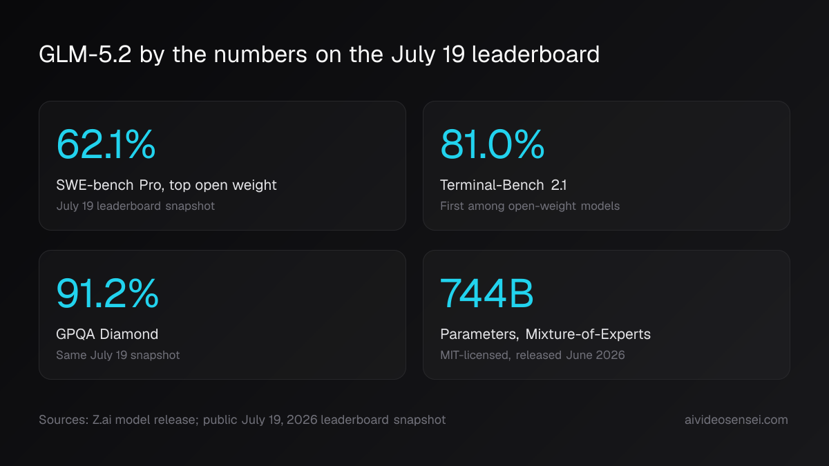 Four number cards reading 62.1 percent on SWE-bench Pro, 81.0 percent on Terminal-Bench 2.1, 91.2 percent on GPQA Diamond, and 744B parameters
