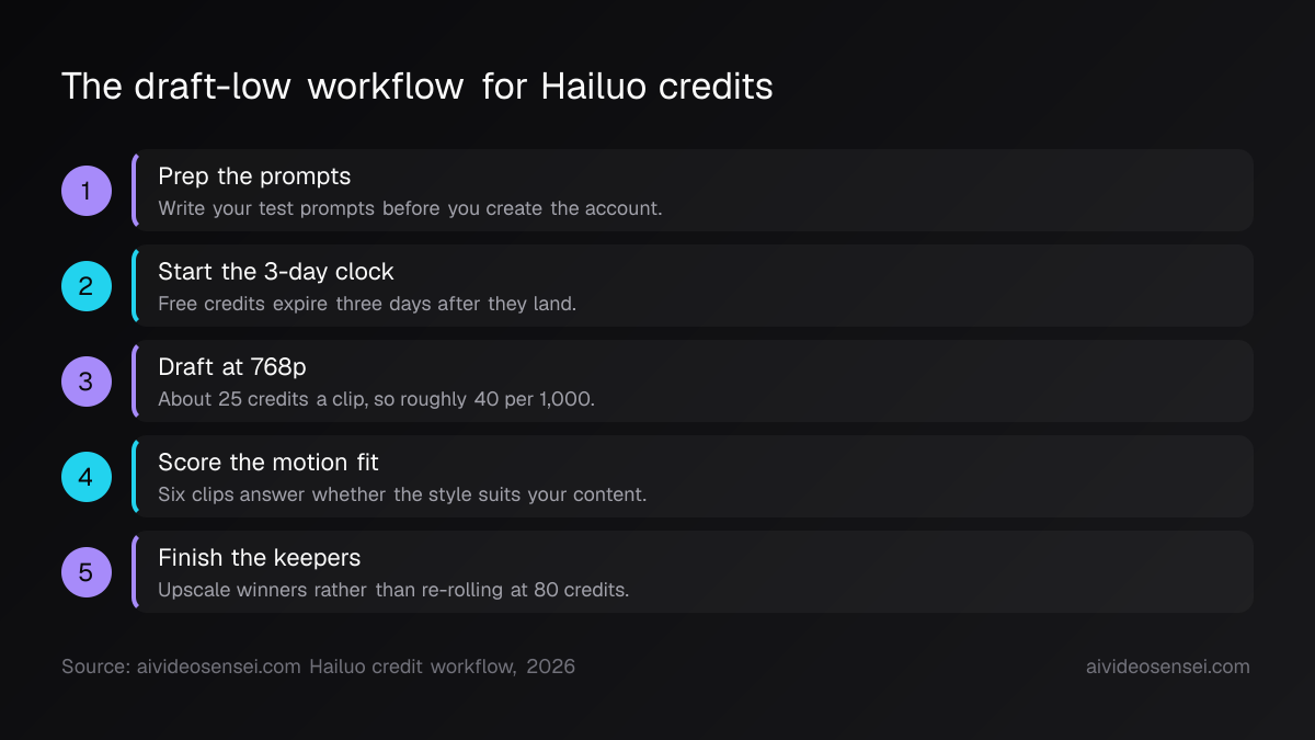 Five numbered steps running from prompt prep and the 3-day credit clock through 768p drafting, scoring and upscaling keepers