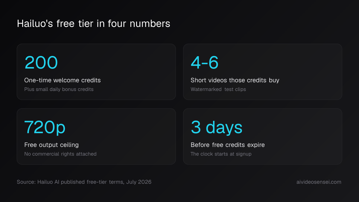 Four number cards reading 200 welcome credits, 4-6 short videos, a 720p watermarked ceiling and a 3-day credit expiry