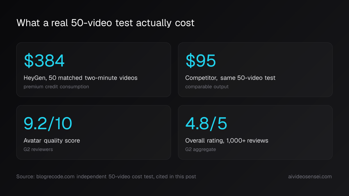 Four stat cards: a 50-video HeyGen test cost $384 against $95 for a competitor, HeyGen's avatar quality scores 9.2 out of 10 on G2, and its overall rating is 4.8 out of 5 across more than 1,000 reviews.