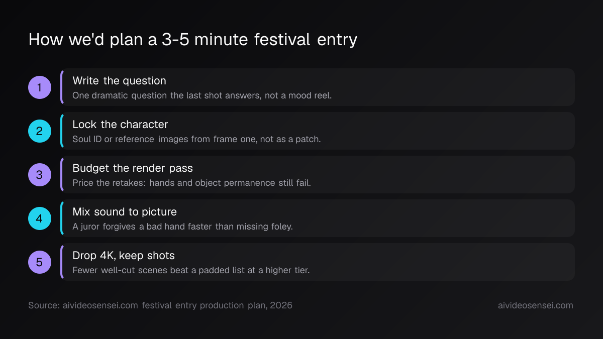 Five numbered production steps running from writing the dramatic question through locking the character, budgeting retakes, mixing sound, and dropping 4K