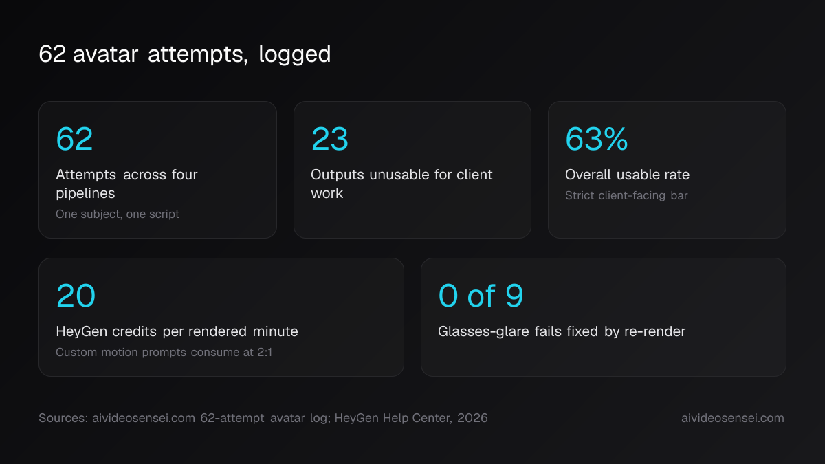 Five number cards reading 62 attempts, 23 unusable outputs, 63% usable rate, 20 HeyGen credits per minute, and 0 of 9 glasses failures fixed by re-rendering.
