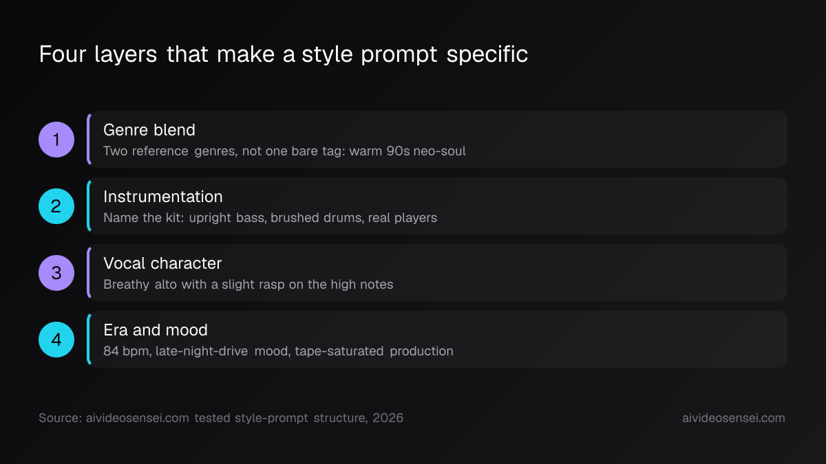 Four numbered steps labelled genre blend, instrumentation, vocal character, and era and mood, each carrying example values from an 84 bpm neo-soul brief.