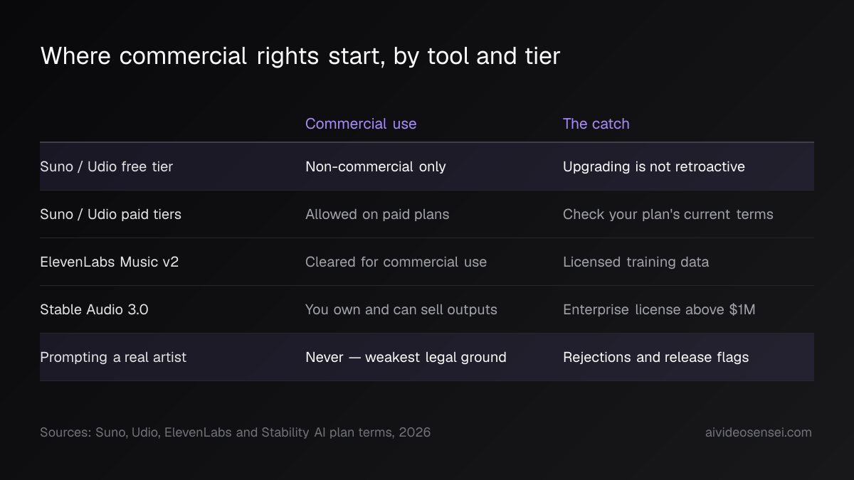 Table of free and paid Suno and Udio tiers, ElevenLabs Music v2, Stable Audio 3.0 and artist-name prompting, each with a commercial-use status and a catch.