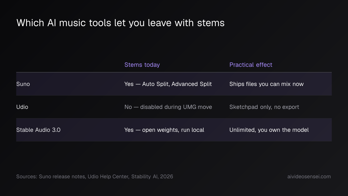 Three-row table comparing Suno, Udio and Stable Audio 3.0 on stem export, with Suno and Stable Audio marked yes and Udio marked disabled during the UMG move.