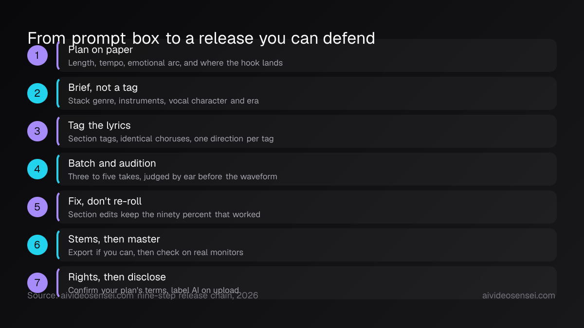 Seven numbered steps running from planning on paper through batching takes, section edits, stems, mastering, and the rights and disclosure checks at upload.