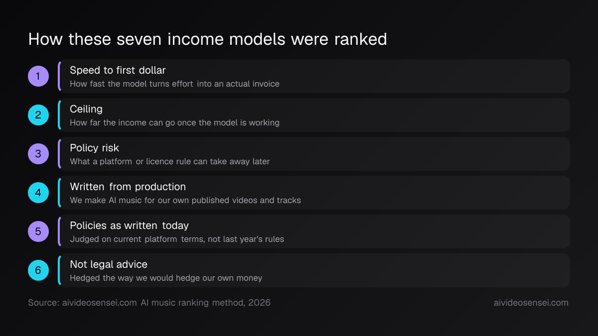 Six numbered method points: speed to first dollar, ceiling, policy risk, written from our own production, judged on current platform terms, no legal advice.