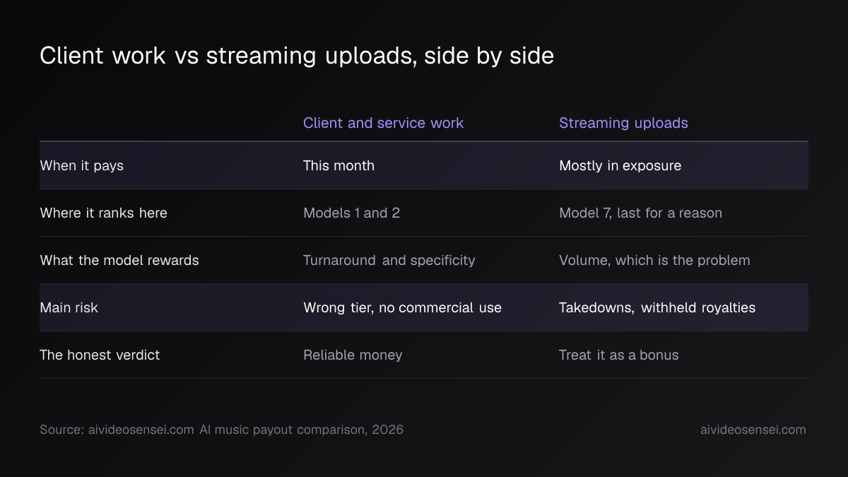 Side-by-side table comparing client work with streaming uploads on when it pays, rank, what it rewards, main risk and verdict; two rows highlighted.