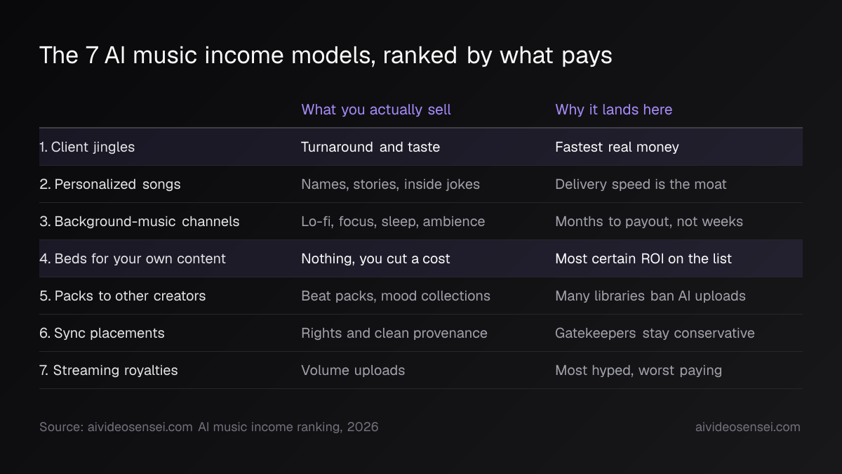 Seven-row table from client jingles down to streaming royalties, showing what you sell and why each ranks there, with rows one and four highlighted.