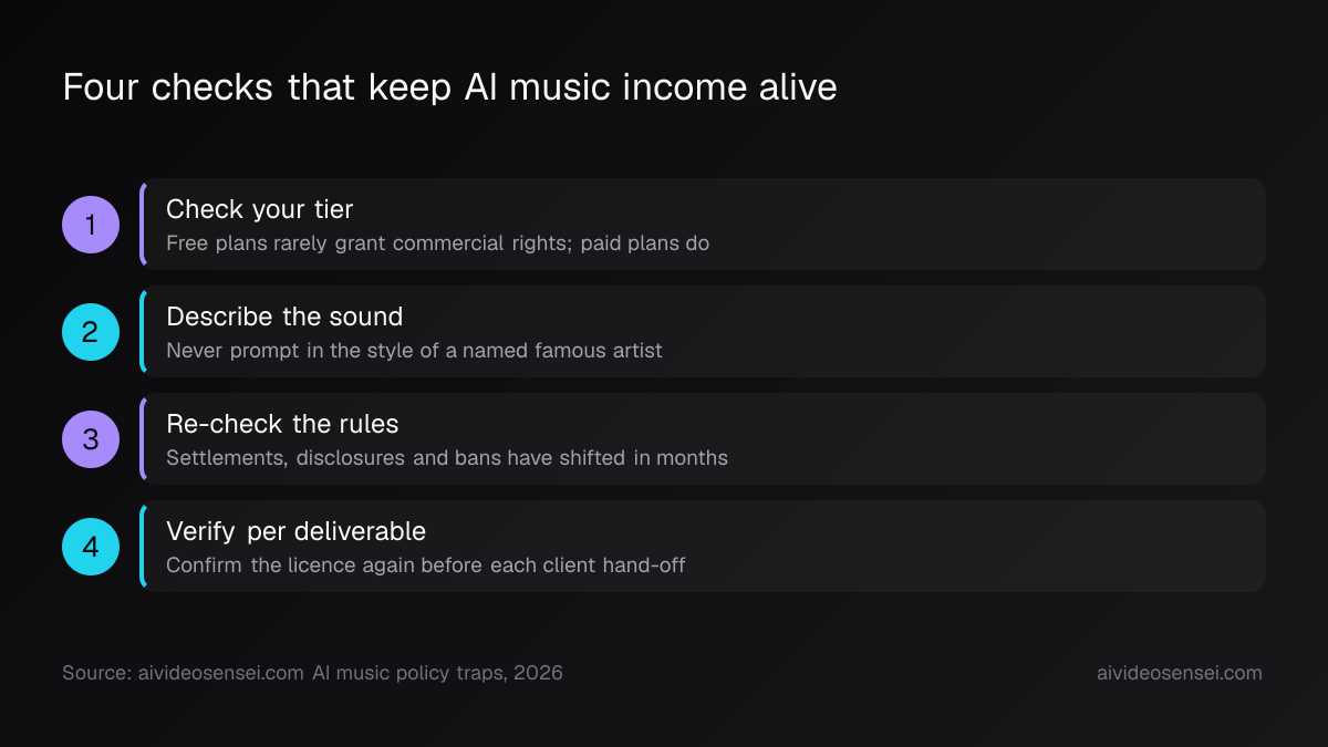 Four numbered checks: paid tiers carry commercial rights, describe the sound rather than the artist, re-check shifted rules, verify the licence per job.