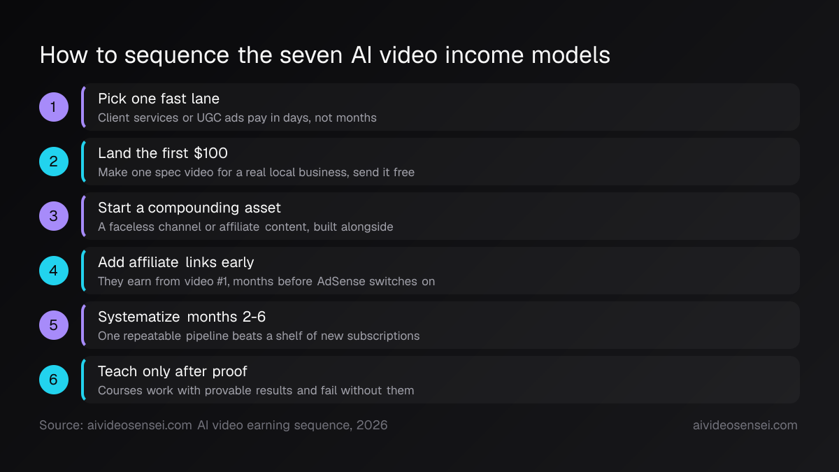 Six numbered steps: pick one fast lane, land the first $100, start a compounding asset, add affiliate links, systematize months 2-6, teach only after proof