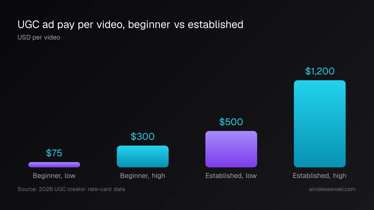 Four vertical bars of pay per UGC video: beginner low $75 and high $300, established low $500 and high $1,200