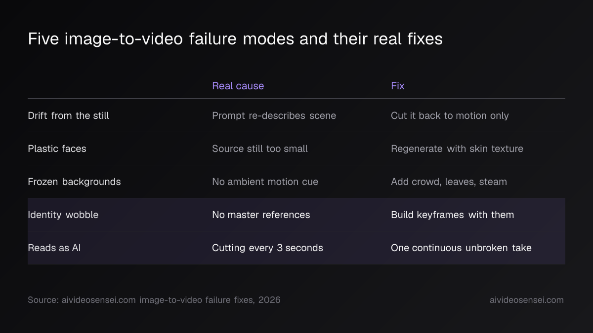 Table of five failure modes with the real cause and fix for each, from drift and plastic faces to identity wobble and frequent cuts.
