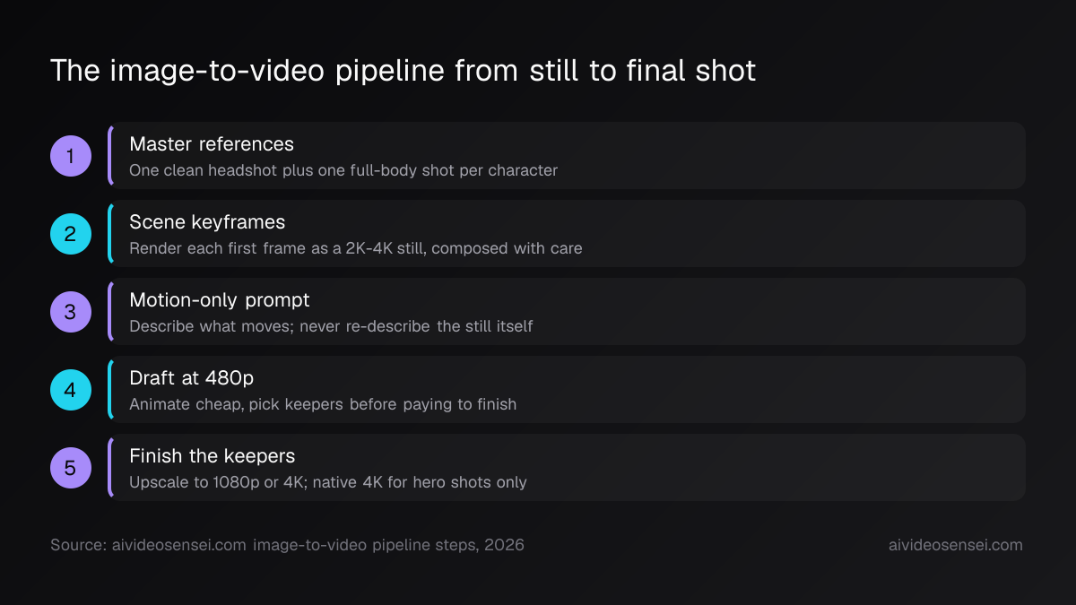 Five numbered steps from master references and 2K-4K keyframes through motion-only prompts, 480p drafts, and final upscaling.