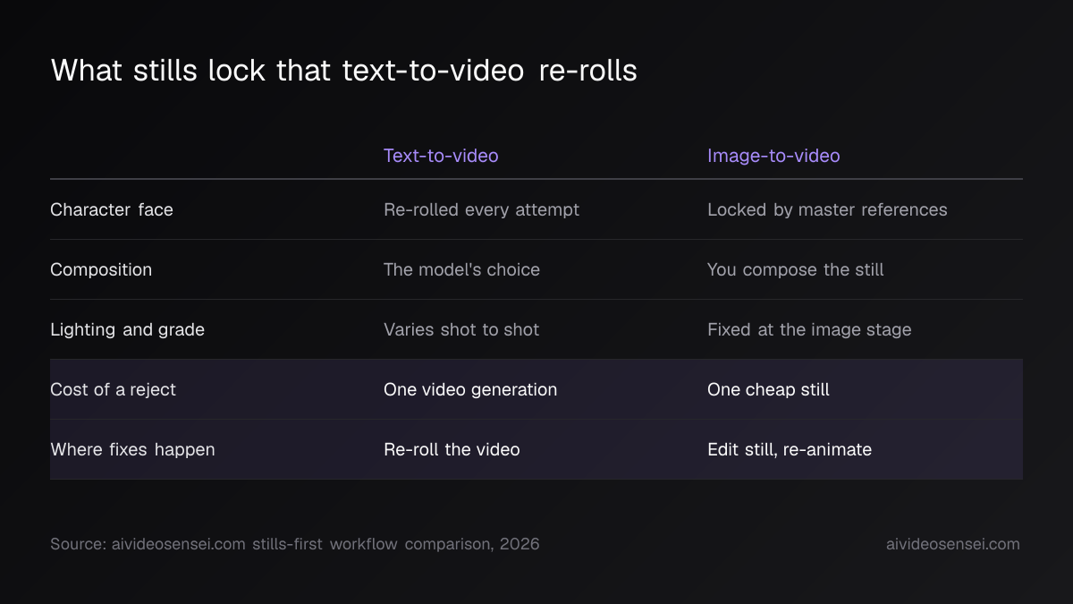 Two-column table comparing text-to-video and image-to-video on face, composition, lighting, reject cost, and where fixes happen.