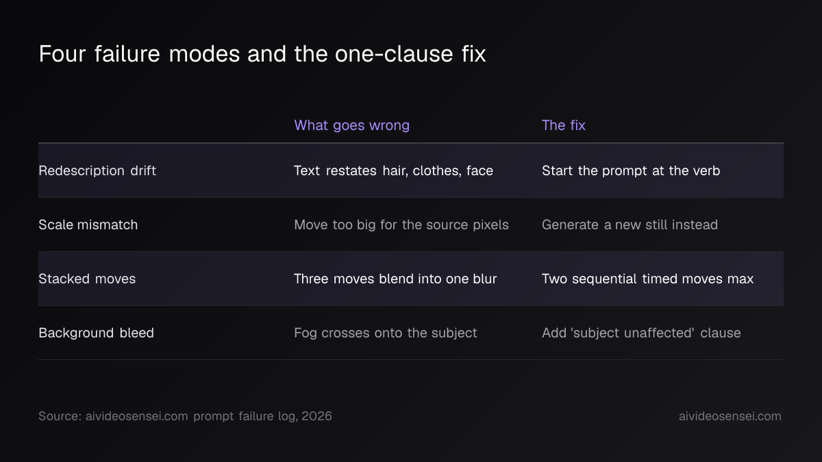 Table of four failure modes, each row pairing what goes wrong with a one-line fix, with redescription drift and stacked moves highlighted.
