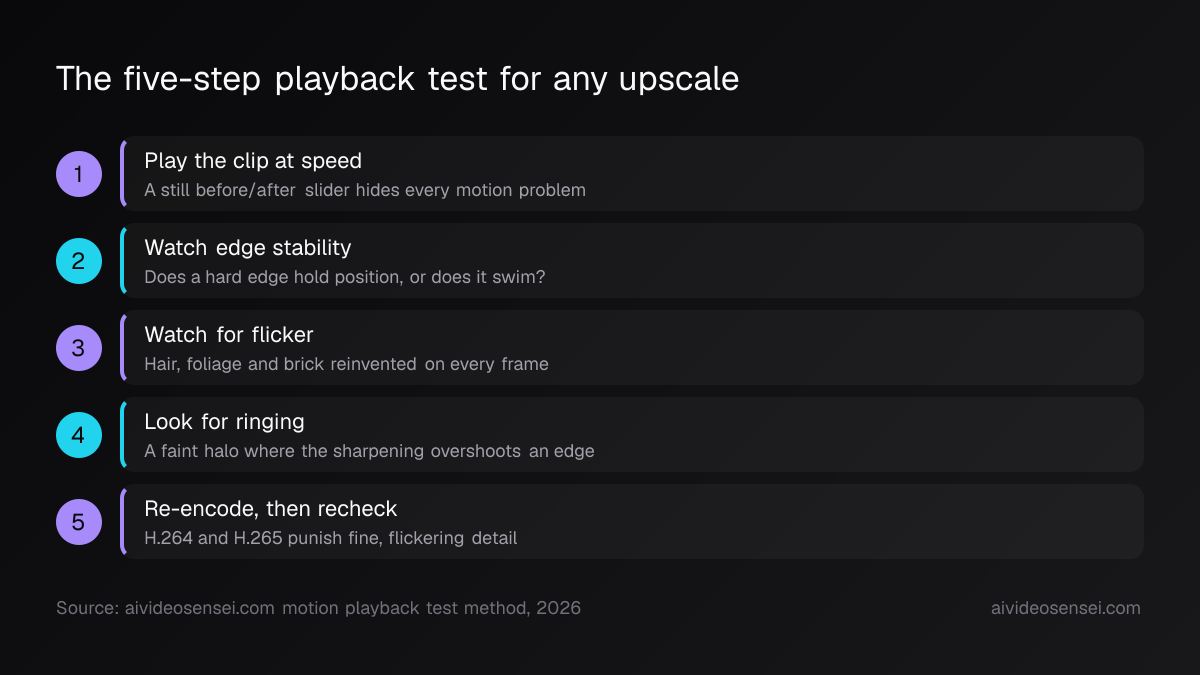 Five numbered steps for judging an upscale in motion: play at speed, check edge stability, check flicker, look for ringing, then re-encode and recheck.