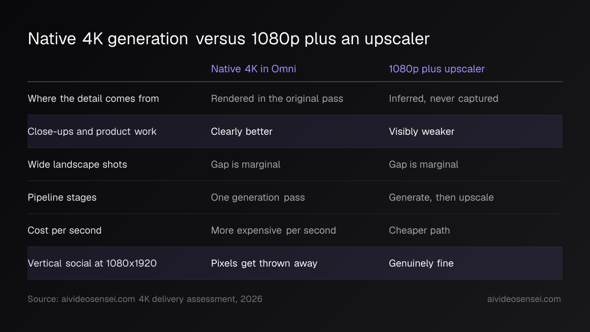 Two-column table comparing native 4K in Omni with 1080p plus an upscaler across detail origin, close-ups, wide shots, cost and vertical social