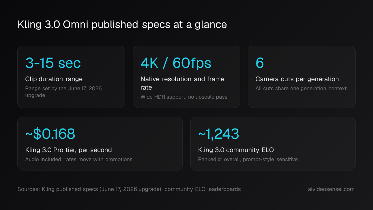 Five number cards reading 3-15 sec clip duration, 4K at 60fps native, 6 camera cuts, about $0.168 per second, and an ELO of roughly 1,243