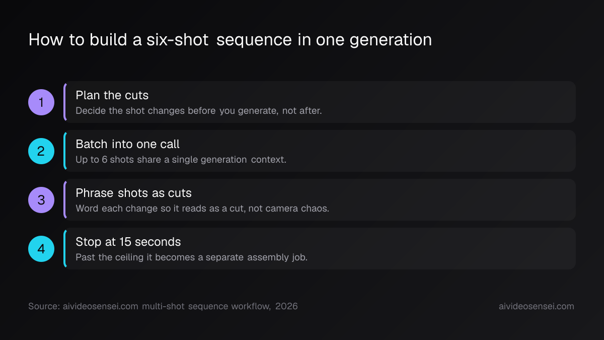 Four numbered steps: plan the cuts, batch into one call, phrase shots as cuts, stop at 15 seconds