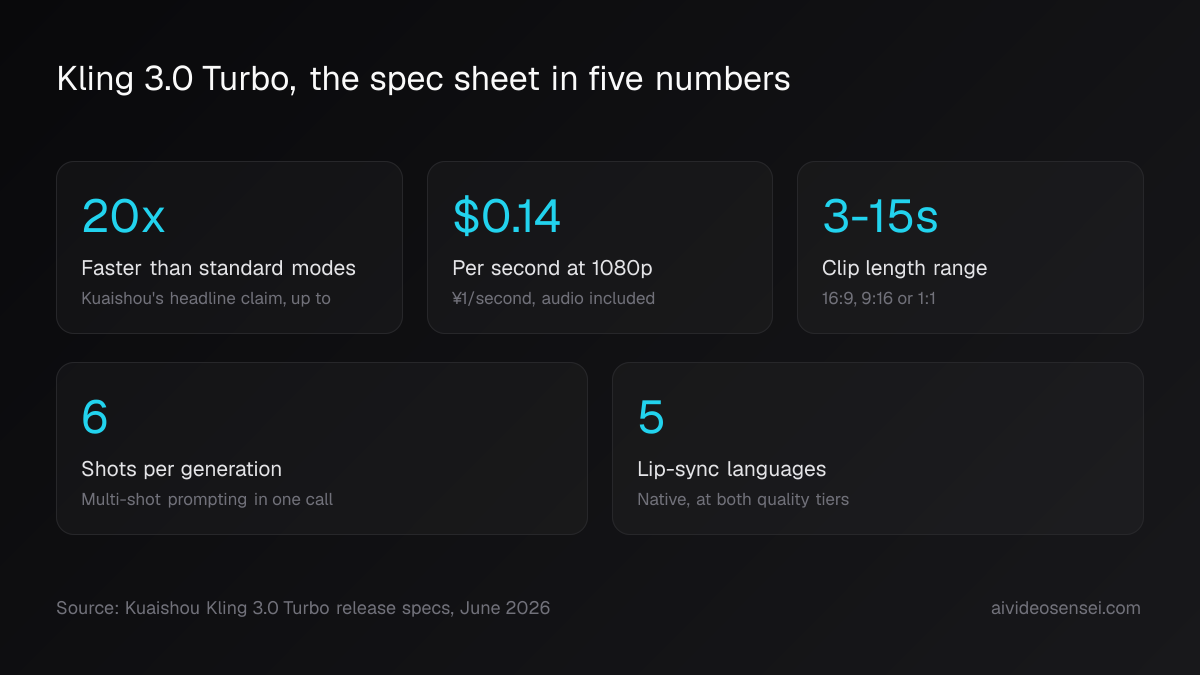 Five number cards reading 20x faster, $0.14 per second at 1080p, 3-15 second clips, 6 shots per generation and 5 lip-sync languages