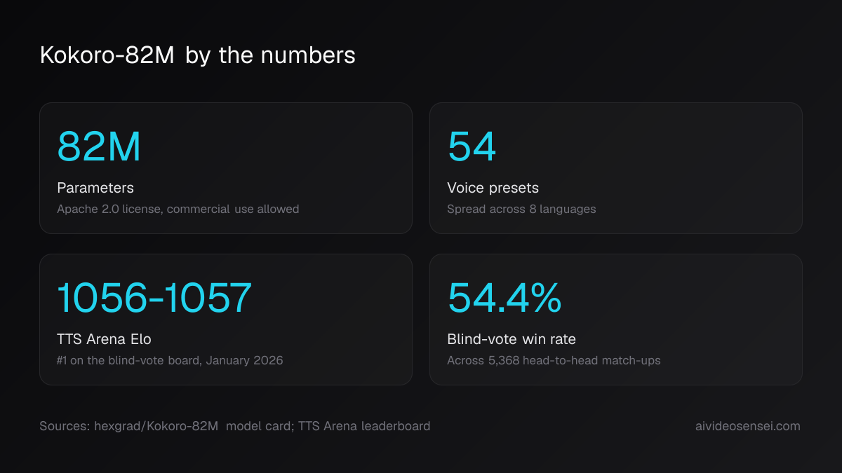Four number cards: 82M parameters, 54 voice presets, TTS Arena Elo 1056 to 1057, and a 54.4 percent blind-vote win rate.