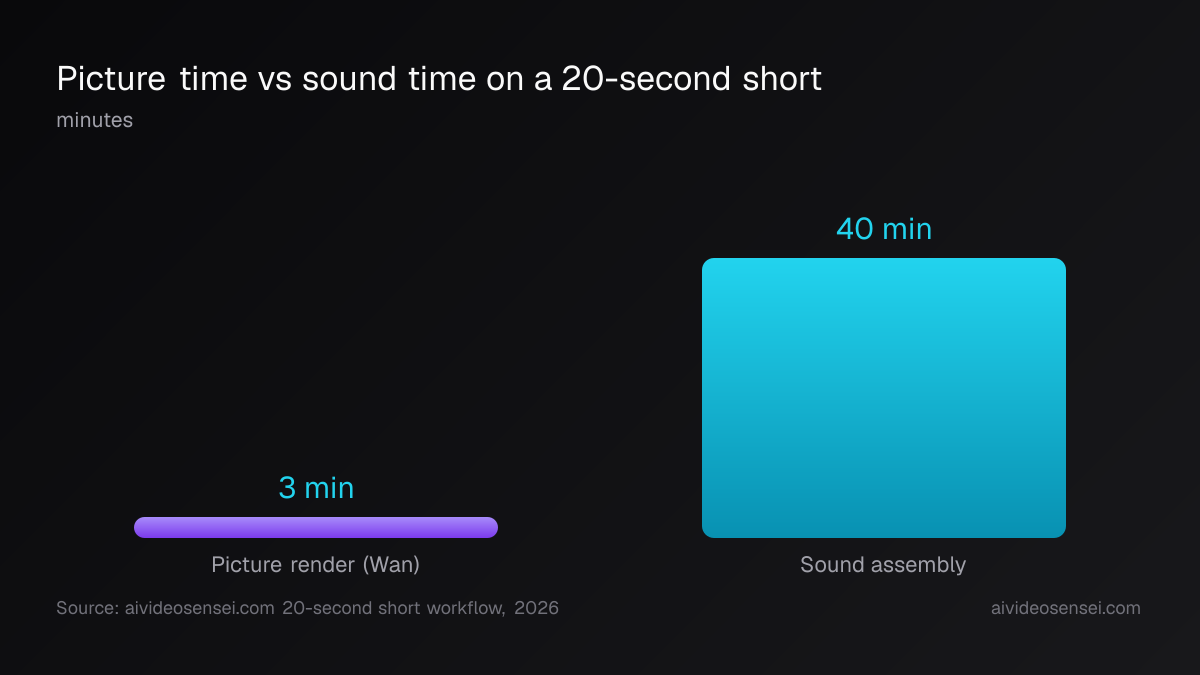 Two vertical bars for one 20-second short: a 3-minute picture render next to a much taller 40-minute sound assembly bar.