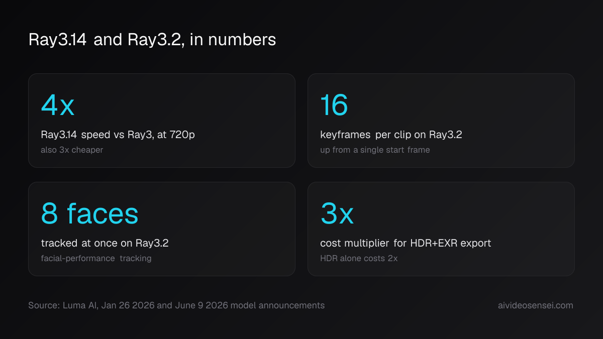 Four stat cards: Ray3.14 runs 4x faster than Ray3 at 720p, Ray3.2 supports up to 16 keyframes per clip and tracks 8 faces at once, and full HDR+EXR export costs 3x the standard rate.