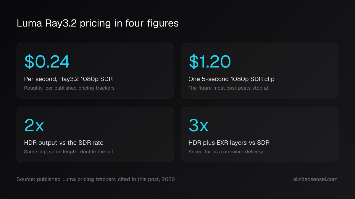 Four large number cards reading $0.24 per second, $1.20 per five-second clip, 2x for HDR output and 3x for HDR plus EXR layers