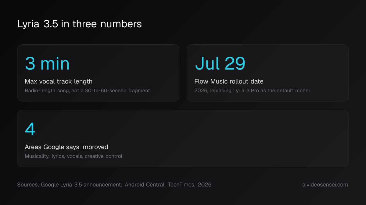 Three big-number cards reading 3 min maximum vocal track length, Jul 29 rollout date in Flow Music, and 4 areas Google says it improved.