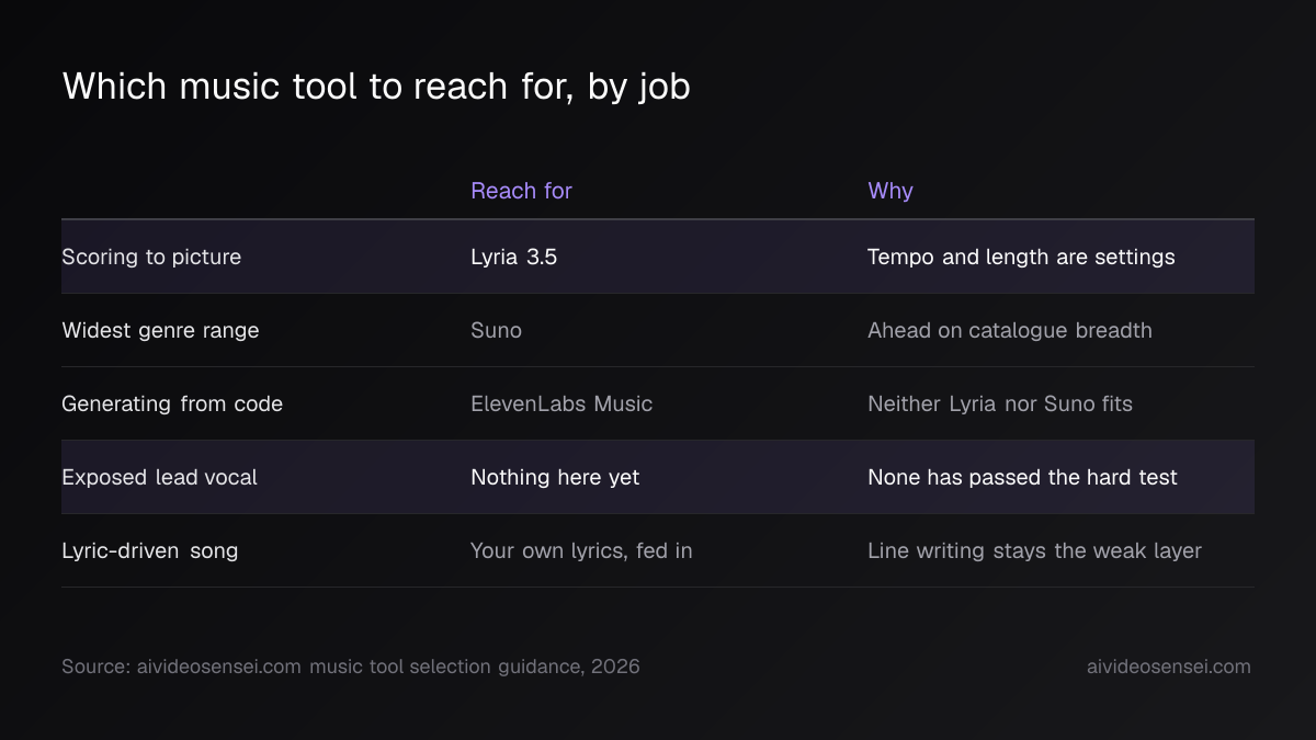 Five-row table pairing a job with the tool to reach for and the reason, covering scoring to picture, genre range, code, lead vocals and lyrics.