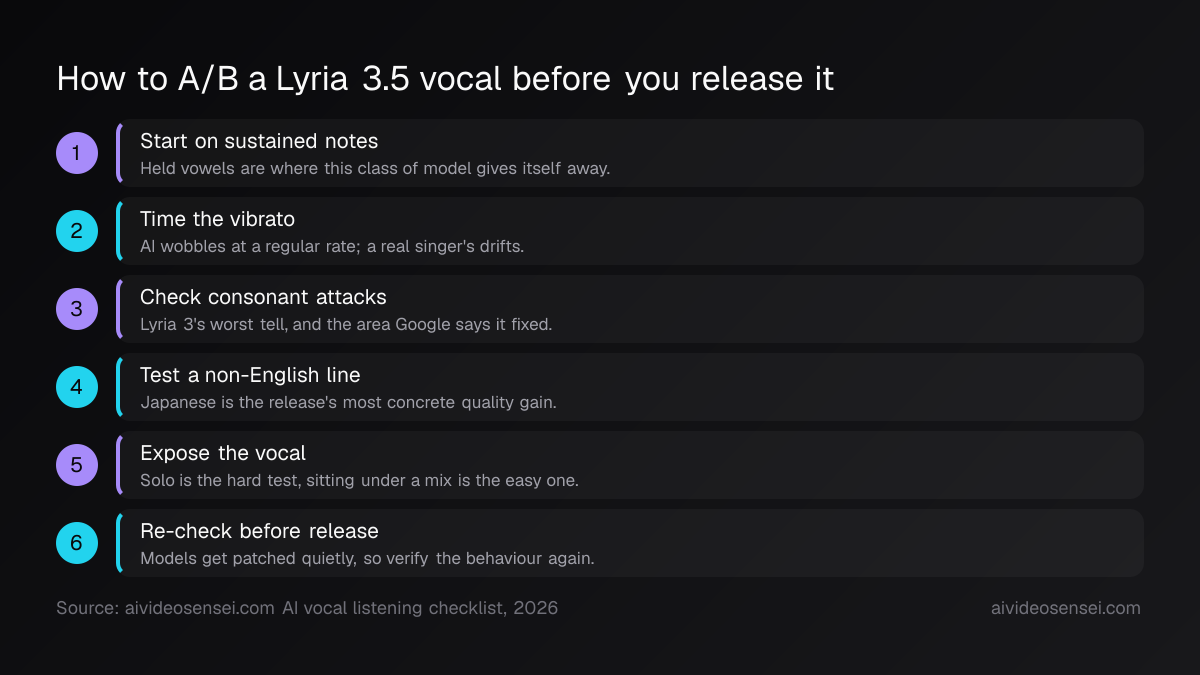 Six numbered steps for testing an AI vocal, running from sustained notes and vibrato timing through consonant attacks to a final re-check.