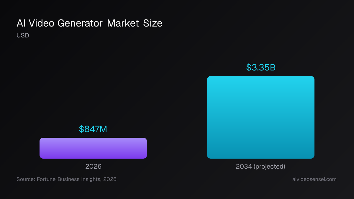 Bar chart: AI video generator market growing from $847M in 2026 to a projected $3.35B by 2034
