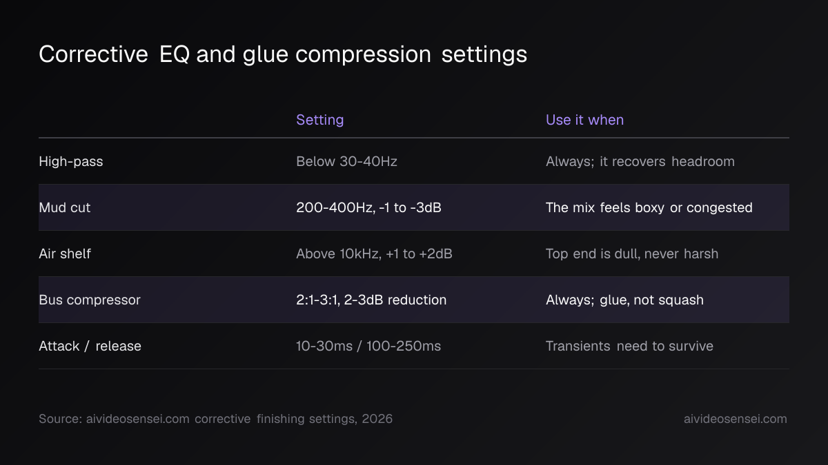 Table of five finishing settings with the frequency or ratio for each and the condition that calls for it, with the mud cut and bus compressor rows marked.