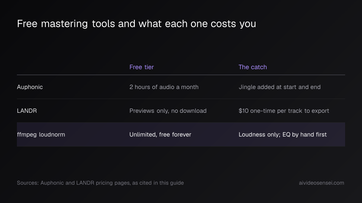 Three-row table comparing Auphonic, LANDR and ffmpeg loudnorm by free-tier allowance and the catch attached to each, with the ffmpeg row highlighted.
