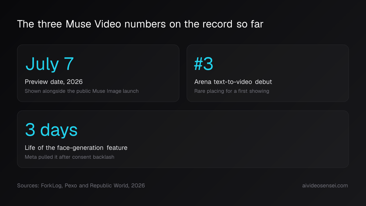 Three big-number cards: July 7 as the 2026 preview date, number 3 as the Arena text-to-video debut rank, and 3 days as the life of the face-generation feature.