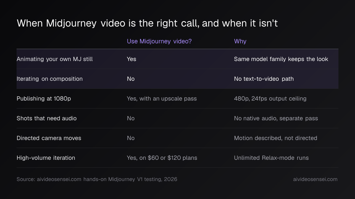 A six-row table pairing each job with a yes or no verdict and the reason, from animating your own still to 1080p delivery, audio, camera moves and volume.