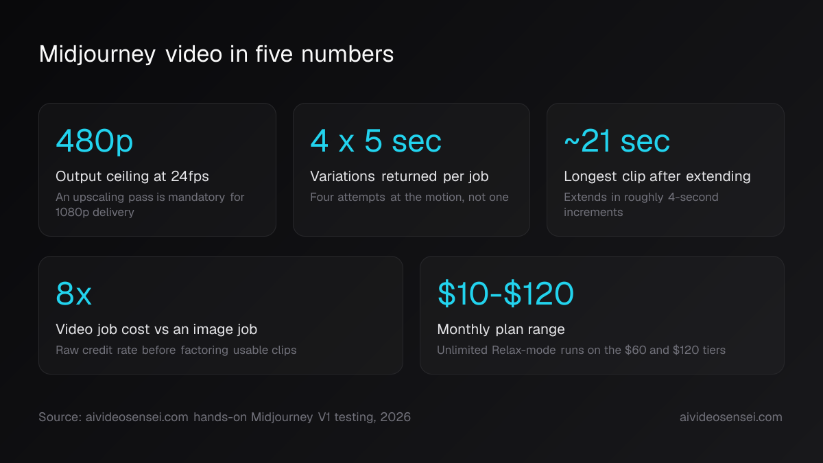 Five number cards: 480p output, 4 x 5-second variations per job, about 21 seconds maximum length, 8x an image job in credits, $10 to $120 plans.